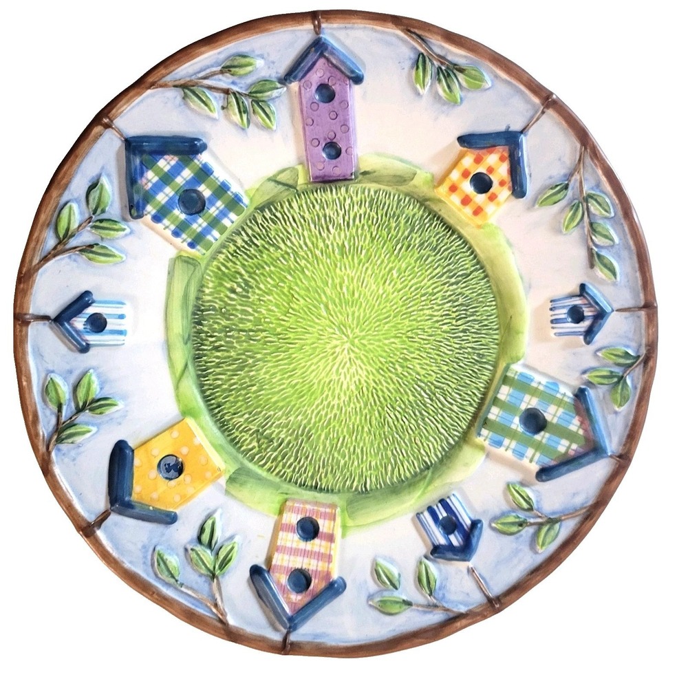 Vtg Birdhouses Candle Holder Plate by Michal Sparks Footed Ceramic 8" Whimsical‎